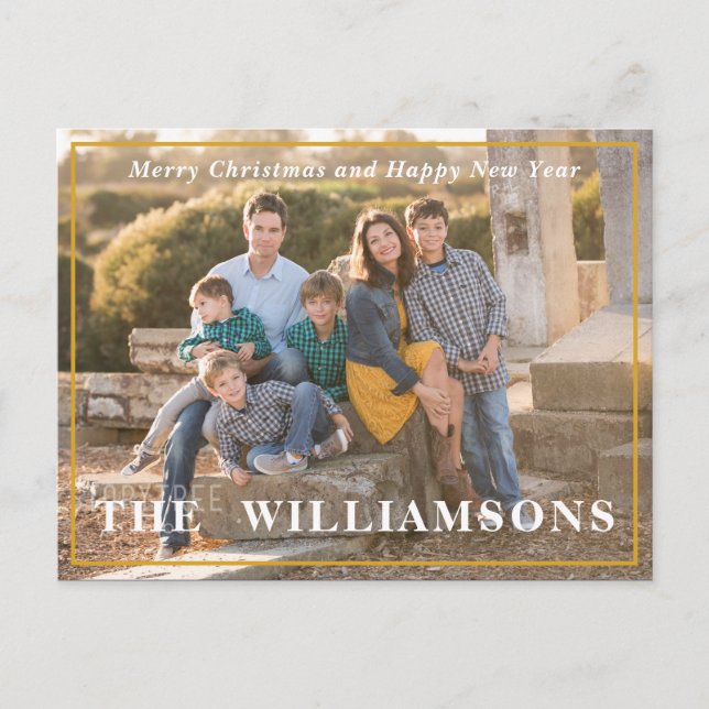 Modern Christmas Simple Family Photo Last Name Holiday Postcard (Front)