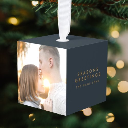 Modern Christmas  Slate Gray and Gold Photo Holid Cube Ornament
