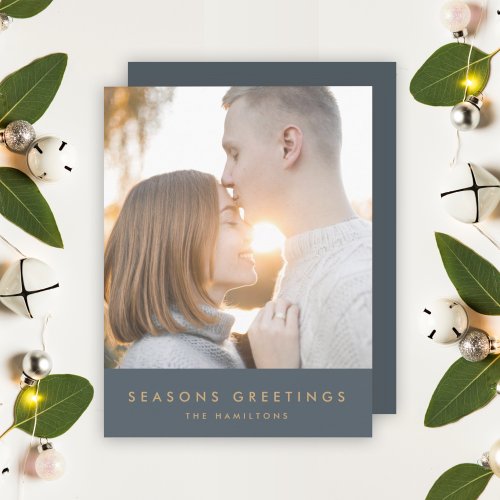Modern Christmas  Slate Gray and Gold Photo Holiday Card