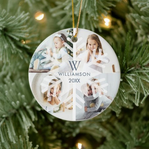 Modern Christmas Snowflake Monogram Four Photo Ceramic Ornament