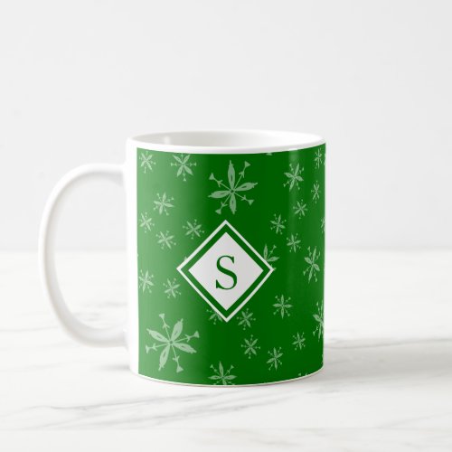 Modern Christmas Snowflake Pattern Monogram Green Coffee Mug