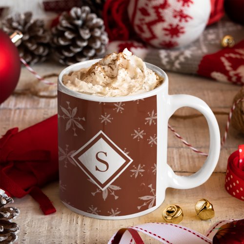 Modern Christmas Snowflake Pattern Monogram Red Coffee Mug