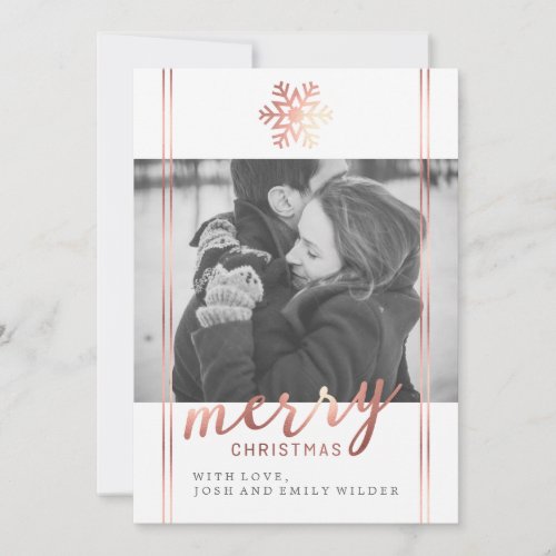 Modern Christmas Snowflake  White and Rose Gold Holiday Card