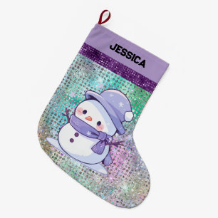 Modern Christmas Snowman Pastel Purple Large Christmas Stocking