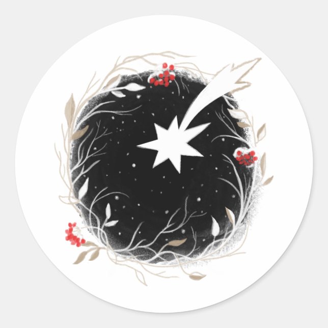 Modern Christmas Star Berries Wreath Classic Round Sticker (Front)