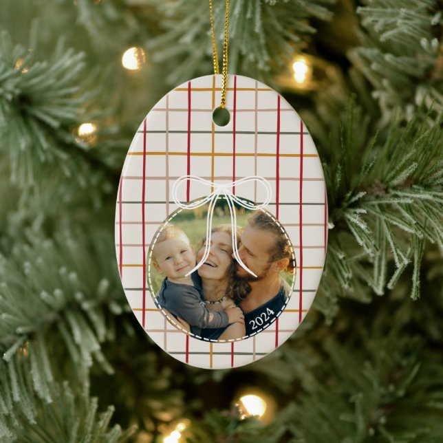 Modern Christmas Stripes One Photo Ceramic Ornament (Tree)