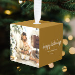 Modern Christmas Stylish Minimalist Script Family Cube Ornament<br><div class="desc">Simple, stylish custom photo "happy holidays" christmas design with modern minimalist handwritten script typography and a simple black gradient on an elegant chic gold background. The photo and text can easily be personalized for a design as unique as your special family! The image shown is for illustration purposes only to...</div>