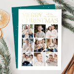 Modern Christmas Teal 9 Photo Collage Foil Holiday Card<br><div class="desc">Modern Christmas photo card featuring "Merry Christmas" displayed at the top of the design in trendy gold foil lettering with a white background. A photo collage of 9 photos is shown below in a grid-style layout. Personalize the multi-photo Christmas card with your family name. The foil card reverses to display...</div>