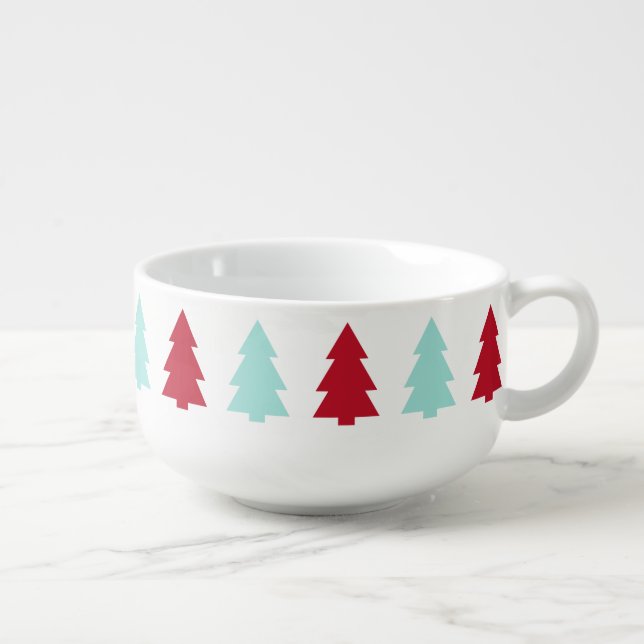 Modern Christmas Tree, Aqua and Red Soup Mug (Left)
