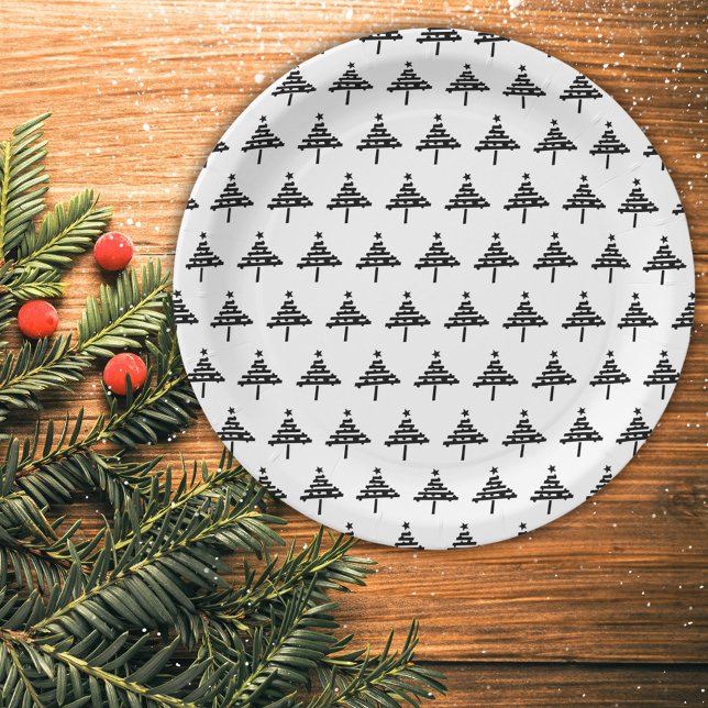 Modern Christmas Tree Black and White Party Paper  Paper Plates (Creator Uploaded)