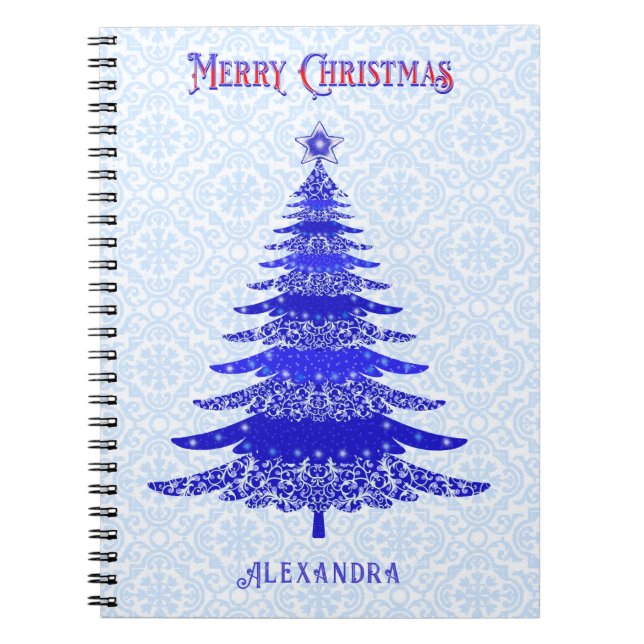 Modern Christmas Tree Blue Personalized Notebook (Front)