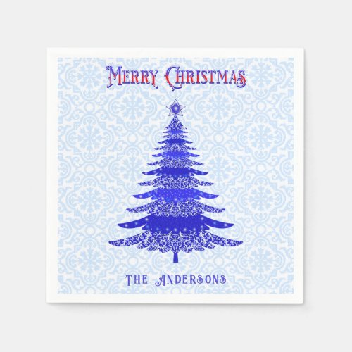 Modern Christmas Tree Blue Personalized Snowflakes Napkins