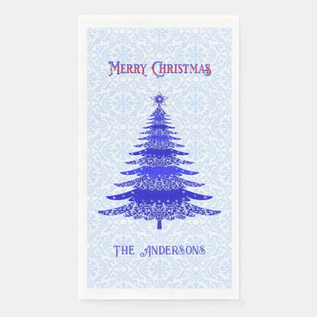 Modern Christmas Tree Blue Snowflakes Personalized Paper Guest Towels (Front)