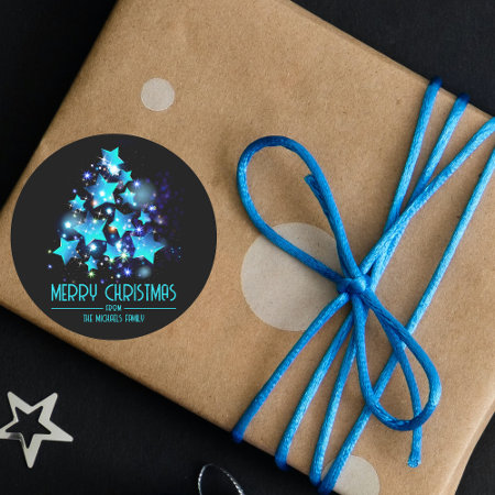 Modern Christmas Tree Blue Stars Lights on Black 