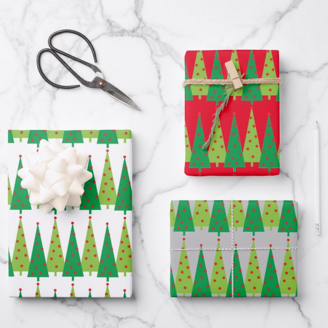 Modern Christmas Tree Borders Wrapping Paper Sheets (Front)