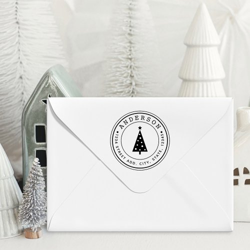 Modern Christmas Tree Family Name Circular Address Rubber Stamp