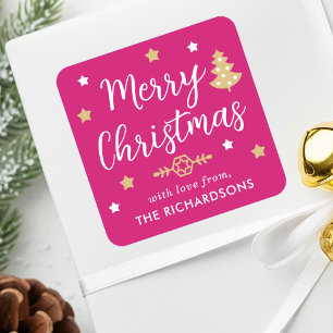 Modern Christmas Tree Family Name Pink Custom Square Sticker