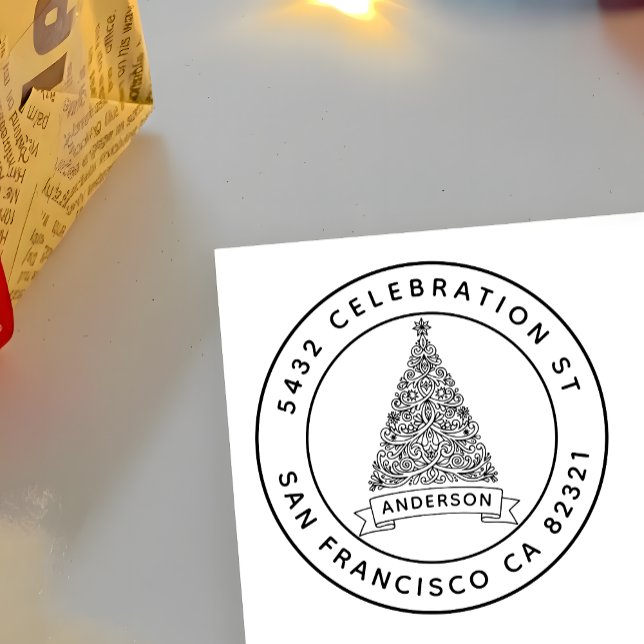 Modern Christmas Tree Family Name Return Address Rubber Stamp (Creator Uploaded)