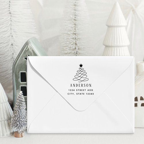 Modern Christmas Tree Family Name Return Address Rubber Stamp