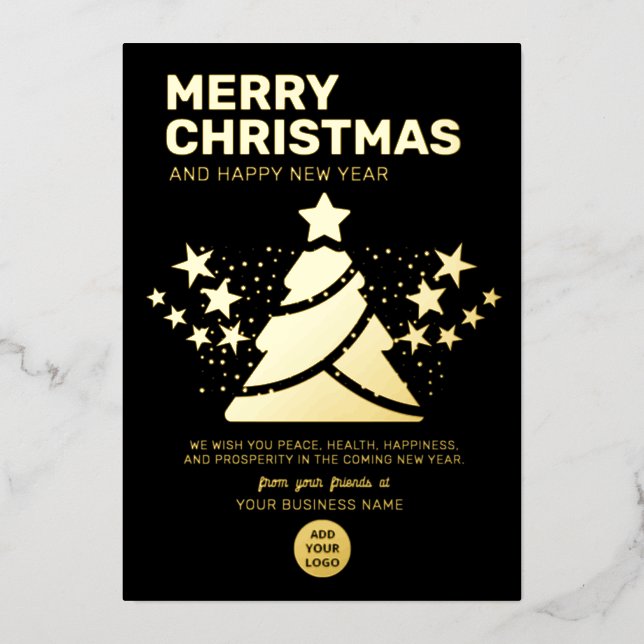 Modern Christmas Tree Gold and Black Business Foil Holiday Card (Front)