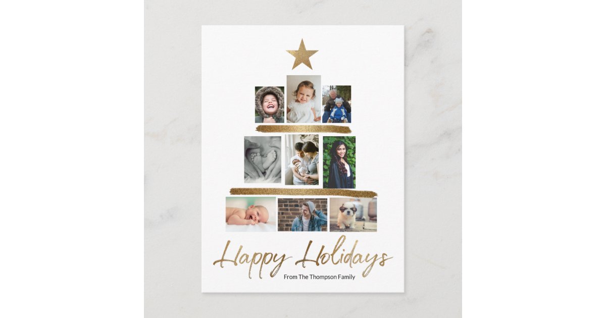 Modern Christmas tree Gold Script Family Photos Holiday Postcard | Zazzle