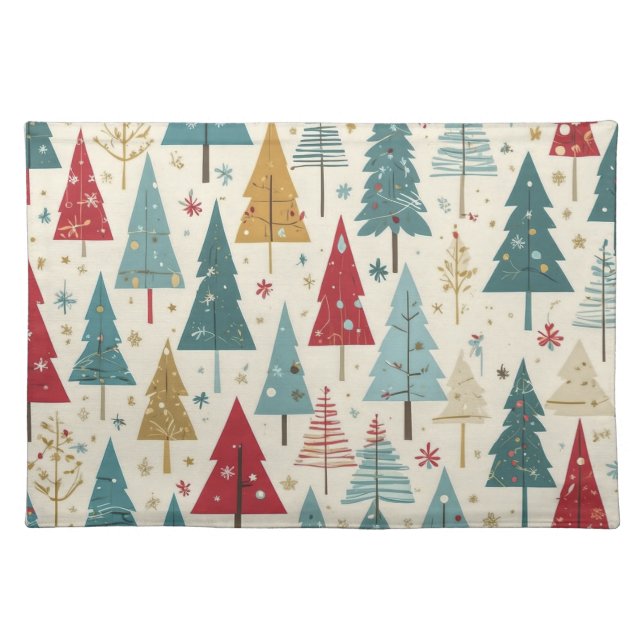 Modern Christmas Tree Green Blue Red Gold Pattern  Cloth Placemat (Front)
