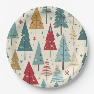 Modern Christmas Tree Green Blue Red Gold Pattern Paper Plates