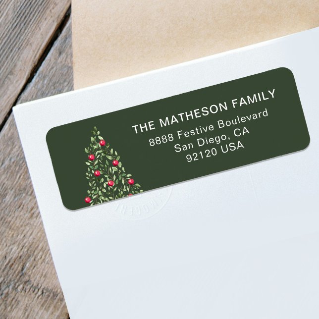 Modern Christmas Tree green red elegant family Label (Family Return address label - Watercolor Green foliage Christmas tree red ornament on green )