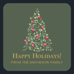 Modern Christmas Tree green red elegant family  Square Sticker<br><div class="desc">Add a festive finishing touch to your holiday gifts, cards, and mailers with this Modern Botanical Watercolor Christmas Tree Sticker Label. Featuring a hand-painted foliage tree adorned with charming red ornaments, this design sits beautifully on a rich dark green background for a clean, minimalist, yet elegant look. Personalize it with...</div>