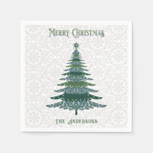 Modern Christmas Tree Green White Personalized Napkins