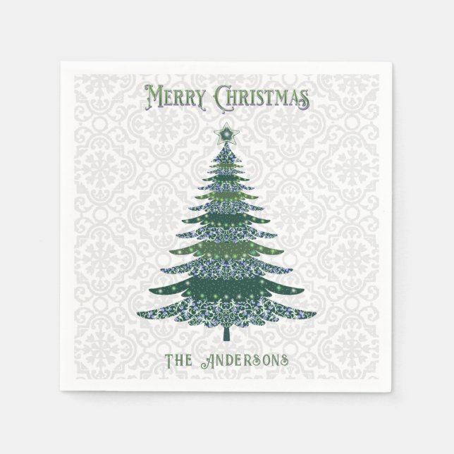 Modern Christmas Tree Green White Personalized Napkins (Front)