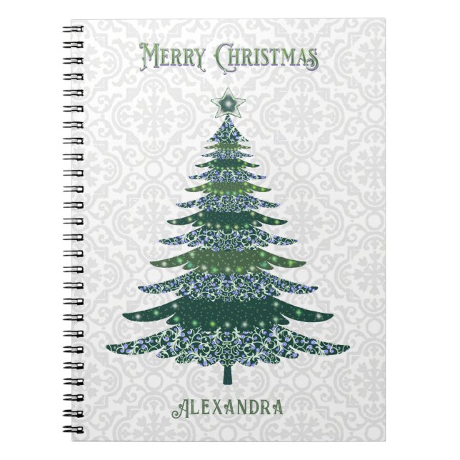 Modern Christmas Tree Green White Personalized Notebook (Front)