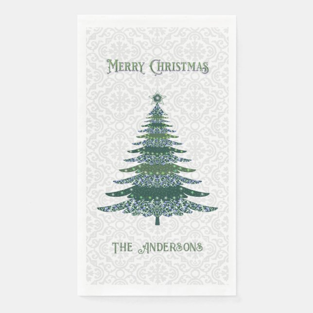 Modern Christmas Tree Green White Personalized Paper Guest Towels (Front)