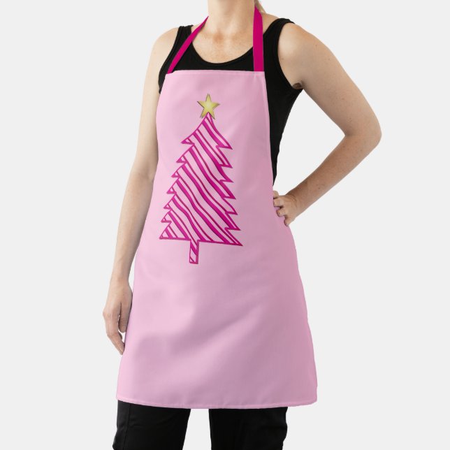 Modern Christmas Tree in Pink Peppermint Stripes Apron (Insitu)