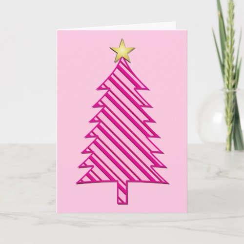 Modern Christmas Tree in Pink Peppermint Stripes Holiday Card