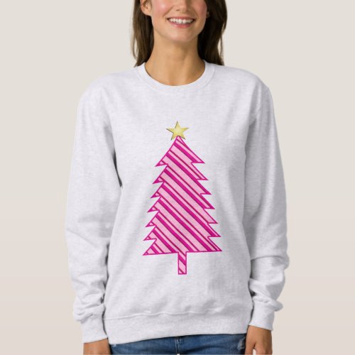 Modern Christmas Tree in Pink Peppermint Stripes Sweatshirt