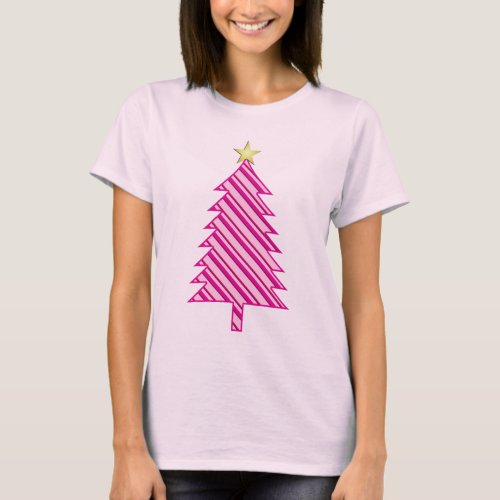 Modern Christmas Tree in Pink Peppermint Stripes T_Shirt