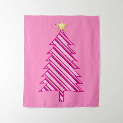 Modern Christmas Tree in Pink Peppermint Stripes Tapestry