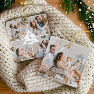 Modern Christmas Tree Monogram Four Photo Family Ceramic Ornament