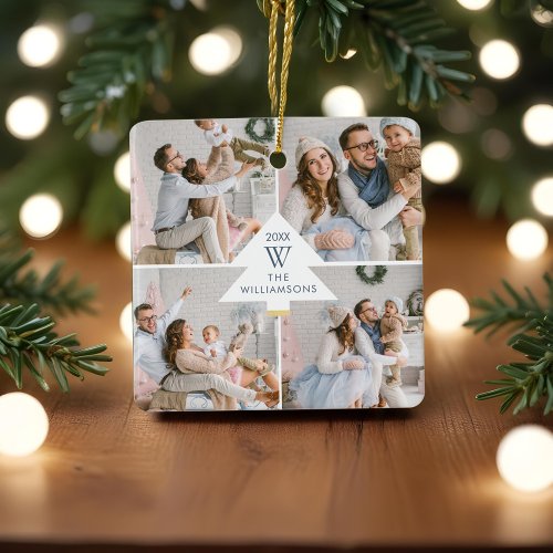 Modern Christmas Tree Monogram Four Photo Family Ceramic Ornament