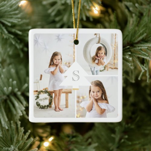 Modern Christmas Tree Monogram Three Photo Collage Ceramic Ornament