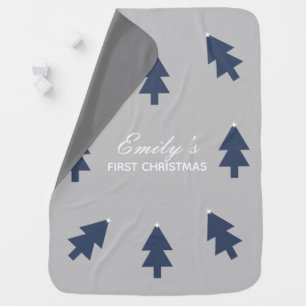 Modern Christmas Tree Name Blue Baby Blanket