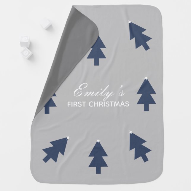 Modern Christmas Tree Name Blue Baby Blanket (In Situ)