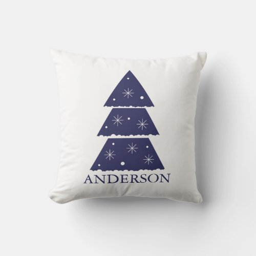 Modern Christmas Tree Navy Blue Family Name Throw Pillow