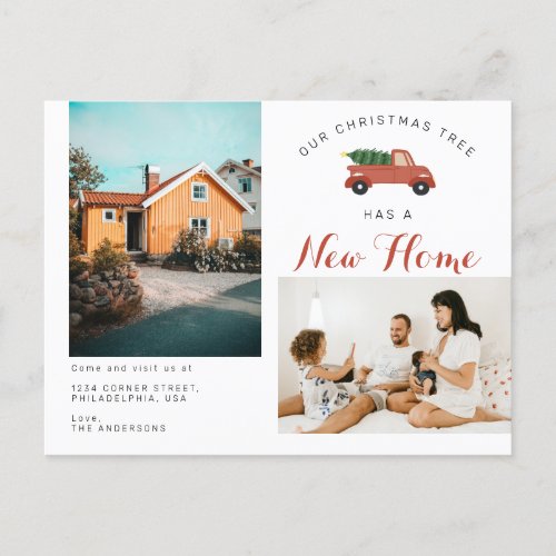 Modern Christmas Tree New Home Red Car Moving Announcement Postcard
