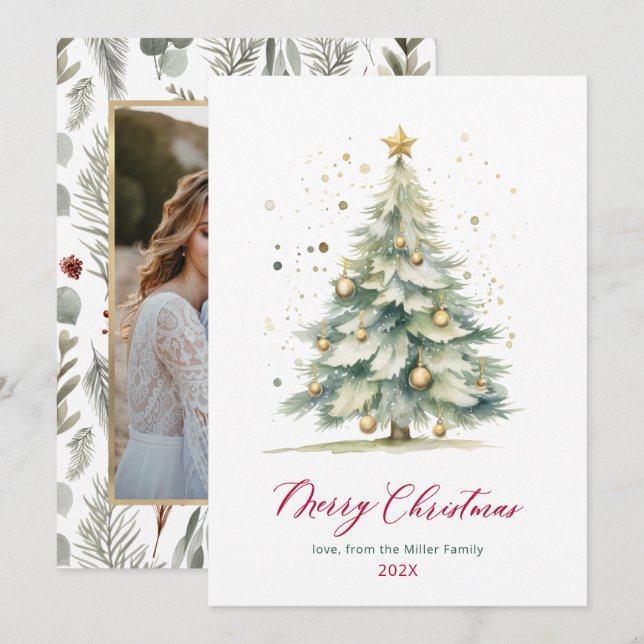 Modern Christmas Tree One Photo Christmas Cards (Front/Back)