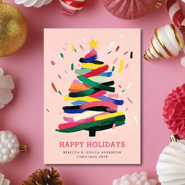 Modern Christmas Tree Painting Custom Photo Holiday Card (Creator Uploaded)