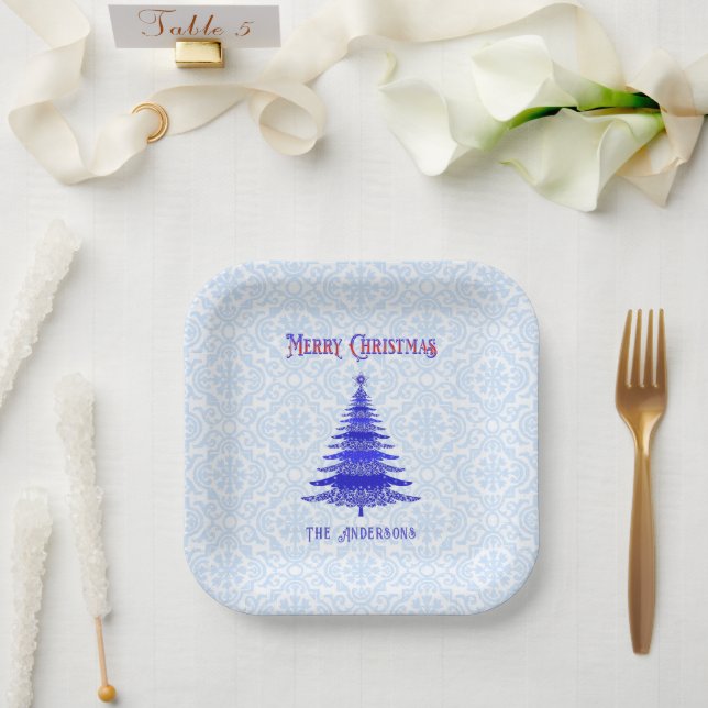 Modern Christmas Tree Personalized Blue Snowflakes Paper Plates (Wedding)