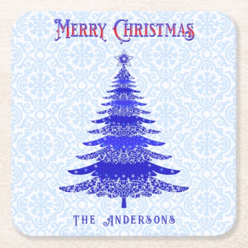 Modern Christmas Tree Personalized Blue Snowflakes Square Paper Coaster