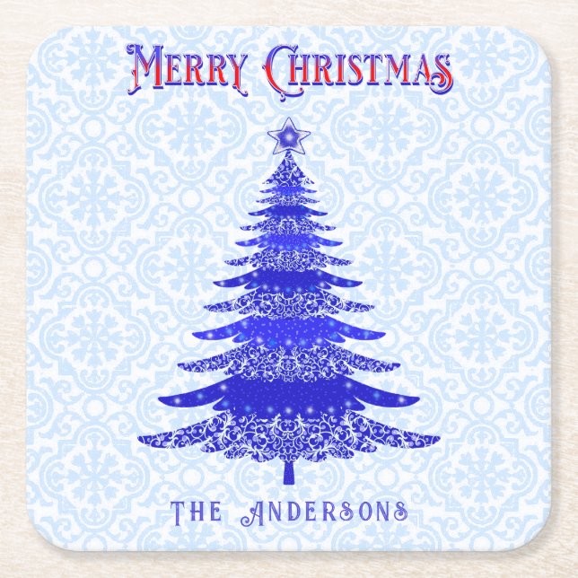 Modern Christmas Tree Personalized Blue Snowflakes Square Paper Coaster (Front)